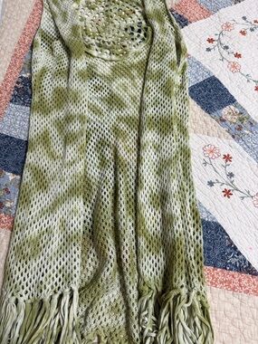 Ali Miles Sage Green Crochet Openwork Vest with Fringe